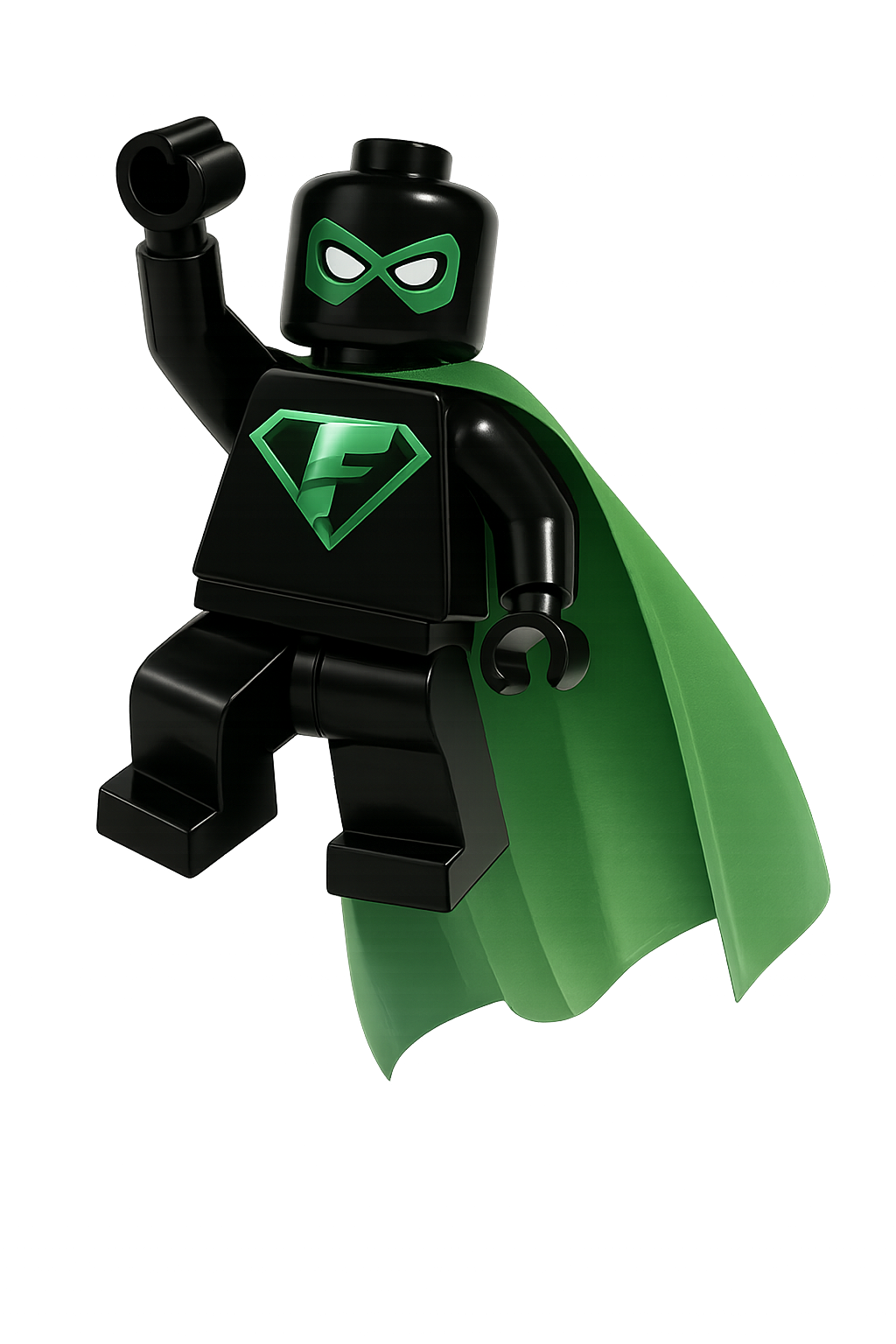 LEGO superhero minifigure with green cape and Fabric logo